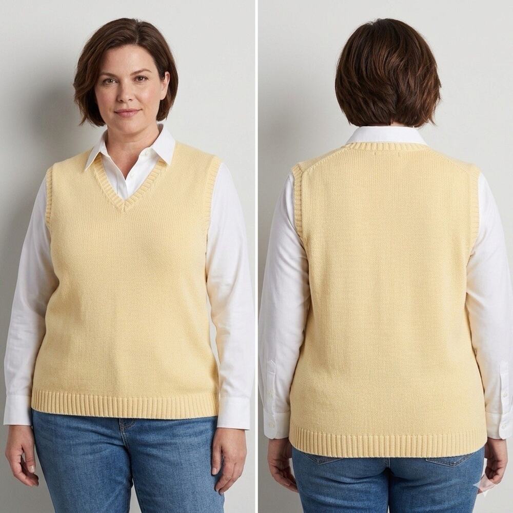 Lands' End Women Sweater Yellow Vest Large 42-44 V Neck Pullover Rib Hem Casual